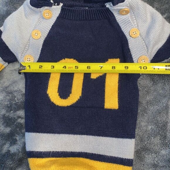 Adorable Baby Hooded Sweater Navy Blue Yellow '01' Sports Style Knit Jumper - Picture 7 of 11